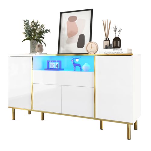 Buffet Bas 150x40x80cm, 4 Portes, LED, Moderne, 1 Tiroir, Mdf+aggloméré, Blanc+doré