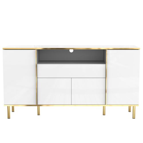 Buffet Bas 150x40x80cm, 4 Portes, LED, Moderne, 1 Tiroir, Mdf+aggloméré, Blanc+doré