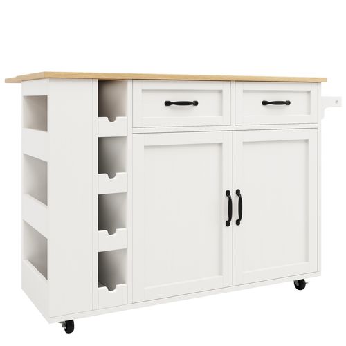 Ilot Central 131,5x76x90,7 Cm, 2 Portes, 2 Tiroirs, Prises De Courant Intégrées, Mdf+métal, Blanc