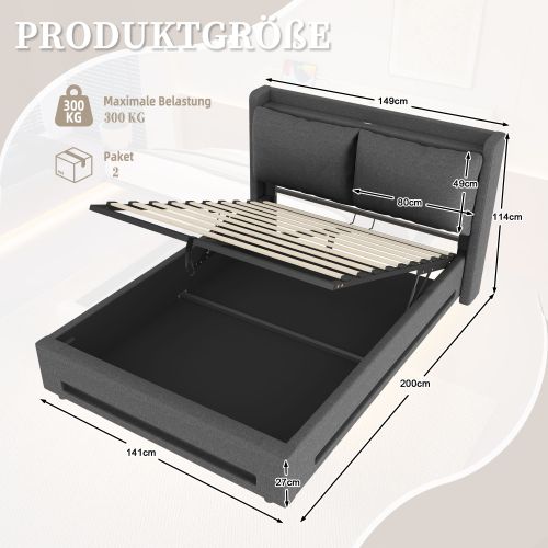 Lit Coffre 140x190 Cm Avec LED, USB, Coussins Amovibles Et Étagères Ouvertes, Lin Gris