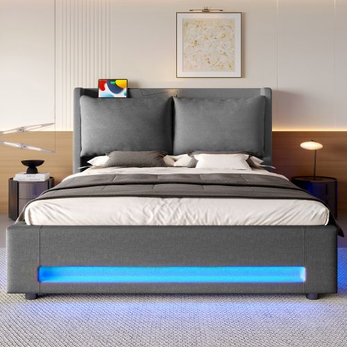 Lit Coffre 140x190 Cm Avec LED, USB, Coussins Amovibles Et Étagères Ouvertes, Lin Gris