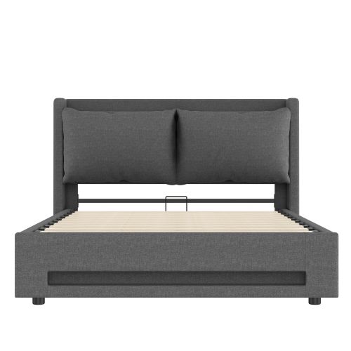 Lit Coffre 140x200 Cm Avec LED, USB, Coussins Amovibles Et Étagères Ouvertes, Lin Gris