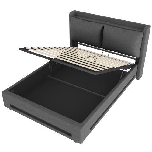 Lit Coffre 140x200 Cm Avec LED, USB, Coussins Amovibles Et Étagères Ouvertes, Lin Gris