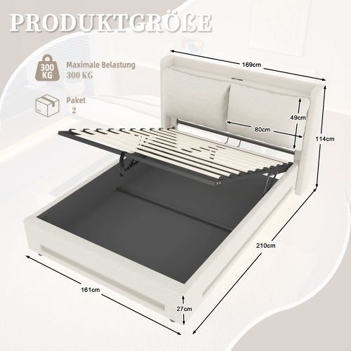 Lit Coffre 160x200 Cm Avec LED, USB, Coussins Amovibles Et Étagères Ouvertes, Lin Beige