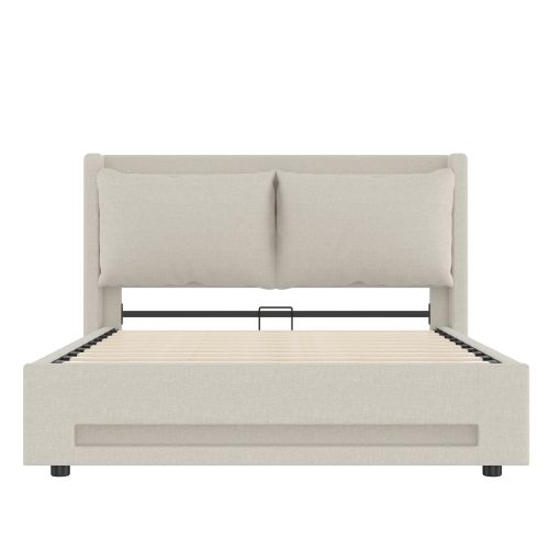Lit Coffre 160x200 Cm Avec LED, USB, Coussins Amovibles Et Étagères Ouvertes, Lin Beige