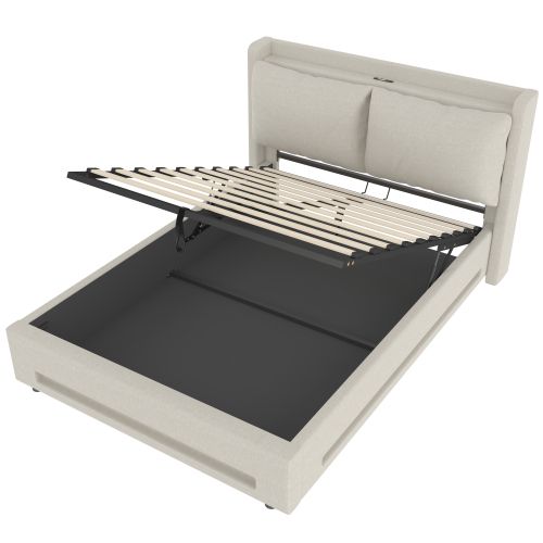 Lit Coffre 160x200 Cm Avec LED, USB, Coussins Amovibles Et Étagères Ouvertes, Lin Beige