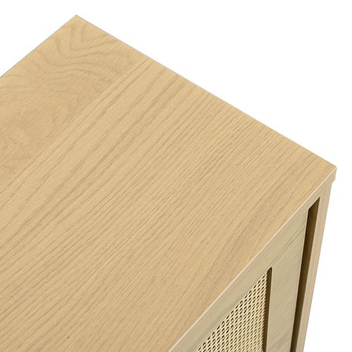 Commode En Rotin Et Bois 120x40x76,5 Cm Avec 6 Tiroirs, Poignées Et Pieds En Métal, Chêne