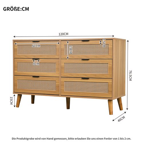 Commode En Rotin Et Bois 120x40x76,5 Cm Avec 6 Tiroirs, Poignées Et Pieds En Métal, Chêne Foncé