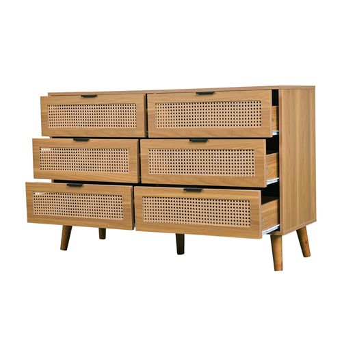 Commode En Rotin Et Bois 120x40x76,5 Cm Avec 6 Tiroirs, Poignées Et Pieds En Métal, Chêne Foncé