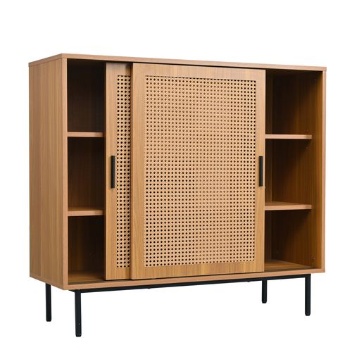 Buffet En Rotin Vintage 100x37x90 Cm Avec 2 Portes Coulissantes Et 3 Étagères, Aggloméré Chêne Foncé