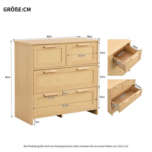 Commode Vintage En Rotin 80x38x80 Cm Avec 4 Tiroirs, Poignées En Bois, Mdf Effet Bois Naturel
