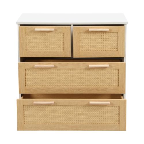 Commode Vintage En Rotin 80x38x80 Cm Avec 4 Tiroirs, Poignées En Bois, Mdf Effet Bois+blanc