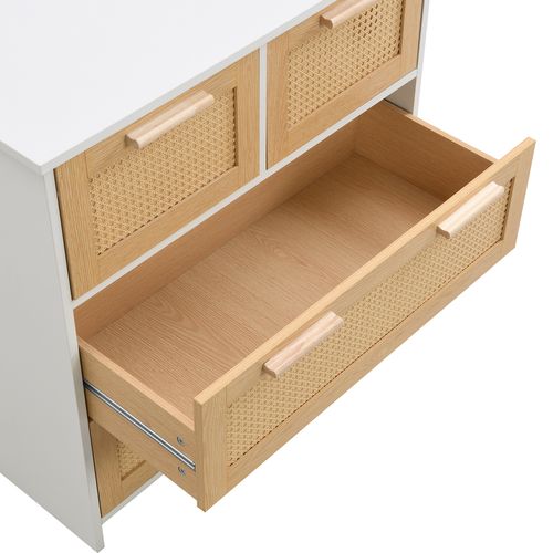 Commode Vintage En Rotin 80x38x80 Cm Avec 4 Tiroirs, Poignées En Bois, Mdf Effet Bois+blanc