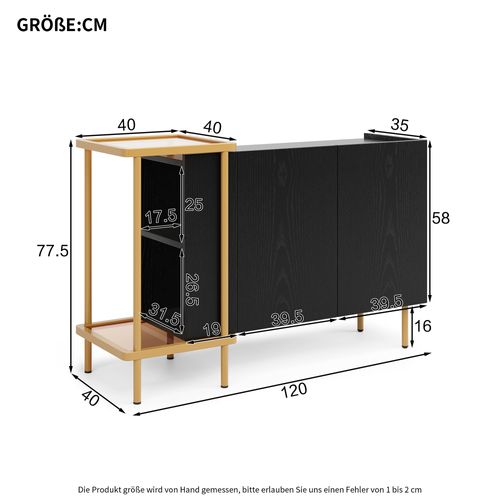 Buffet Vintage 120x40x77.5 Cm Avec 2 Étagères Ouvertes Et 2 Portes, Aggloméré Noir