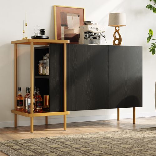 Buffet Vintage 120x40x77.5 Cm Avec 2 Étagères Ouvertes Et 2 Portes, Aggloméré Noir
