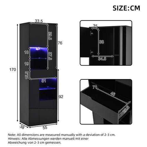 Vitrine Noire LED 55x38x170 Cm, 4 Portes, 1 Tiroir, 11 Espaces De Rangement