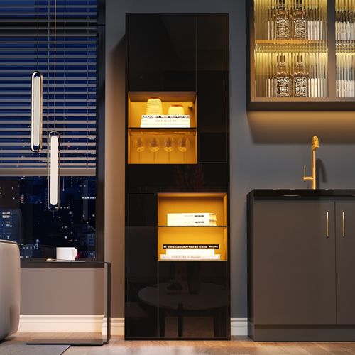 Vitrine Noire LED 55x38x170 Cm, 4 Portes, 1 Tiroir, 11 Espaces De Rangement