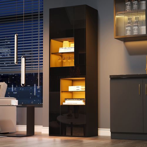 Vitrine Noire LED 55x38x170 Cm, 4 Portes, 1 Tiroir, 11 Espaces De Rangement