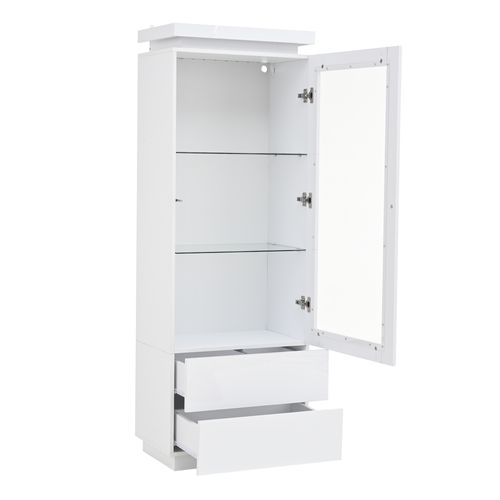 Vitrine Blanche Brillante LED, 1 Porte Acrylique, 2 Tiroirs, 5 Niveaux De Rangement,