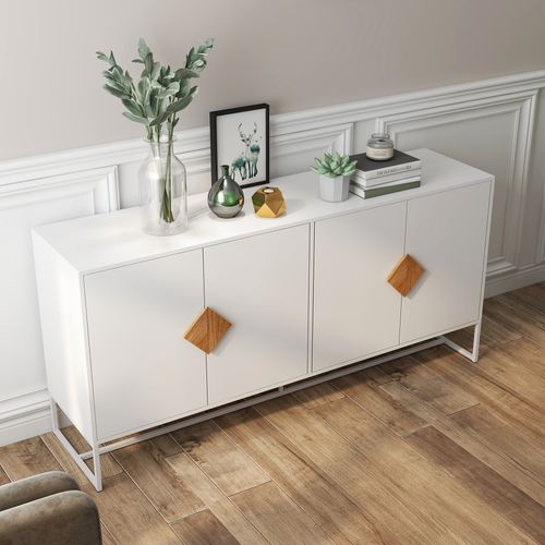 Buffet Blanc En Mdf Avec Rangement, Pieds Métal, 2 Étagères, 4 Portes Et Poignées En Bois