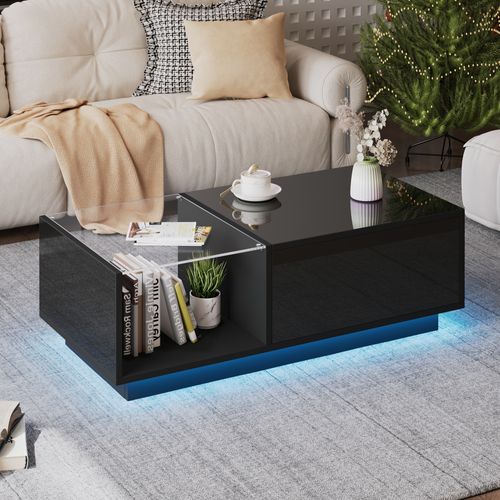 Table Basse 100x50x33cm, LED Intelligent, Plateau Relevable, 2 Compartiments, En Pb Et Verre, Noir