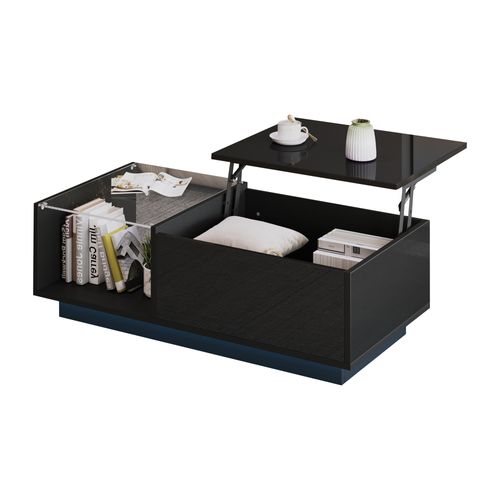 Table Basse 100x50x33cm, LED Intelligent, Plateau Relevable, 2 Compartiments, En Pb Et Verre, Noir