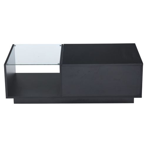 Table Basse 100x50x33cm, LED Intelligent, Plateau Relevable, 2 Compartiments, En Pb Et Verre, Noir