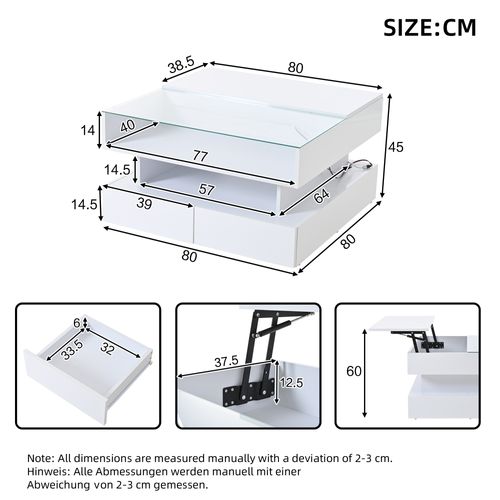Table Basse Carrée 80x80x45cm, Plateau Relevable, LED, Tiroir, Compartiment, Verre Trempé, Pb, Blanc