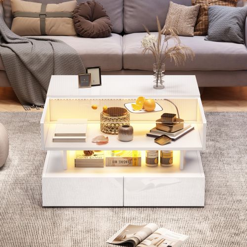 Table Basse Carrée 80x80x45cm, Plateau Relevable, LED, Tiroir, Compartiment, Verre Trempé, Pb, Blanc