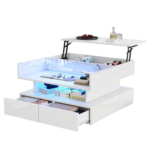 Table Basse Carrée 80x80x45cm, Plateau Relevable, LED, Tiroir, Compartiment, Verre Trempé, Pb, Blanc