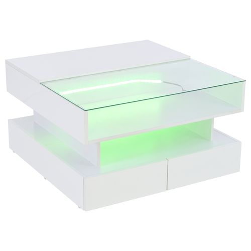 Table Basse Carrée 80x80x45cm, Plateau Relevable, LED, Tiroir, Compartiment, Verre Trempé, Pb, Blanc