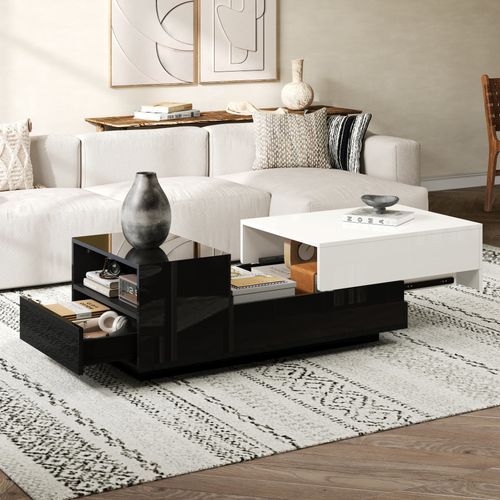 Table Basse Rectangulaire 100x50x38cm, Plateau Coulissant, Tiroir, Compartiments, Pb, Noir, Blanc