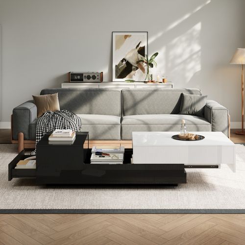 Table Basse Rectangulaire 100x50x38cm, Plateau Coulissant, Tiroir, Compartiments, Pb, Noir, Blanc