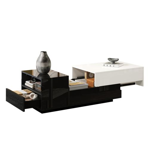 Table Basse Rectangulaire 100x50x38cm, Plateau Coulissant, Tiroir, Compartiments, Pb, Noir, Blanc