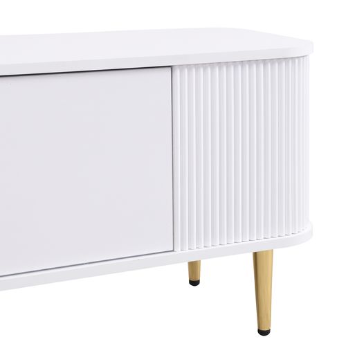 Meuble TV 170x34x45cm, 2 Tiroirs, 2 Portes Battantes, Poignées Et Pieds Dorés, En Mdf, Blanc