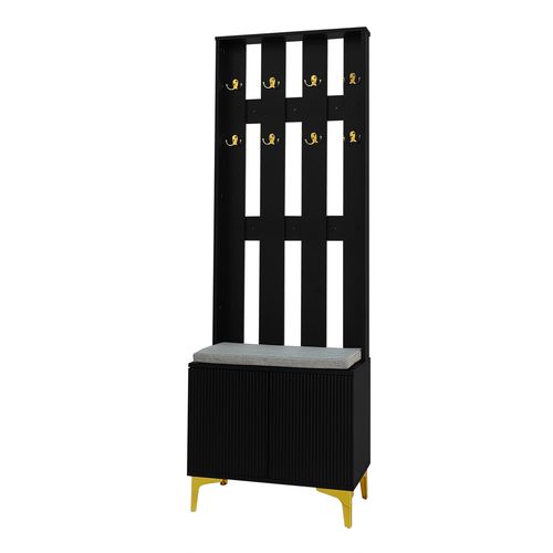 Vestiaire 60,50x35,2x180,5cm Avec 8 Crochets Dorés, 1 Coussin, 2 Portes, Aggloméré, Noir