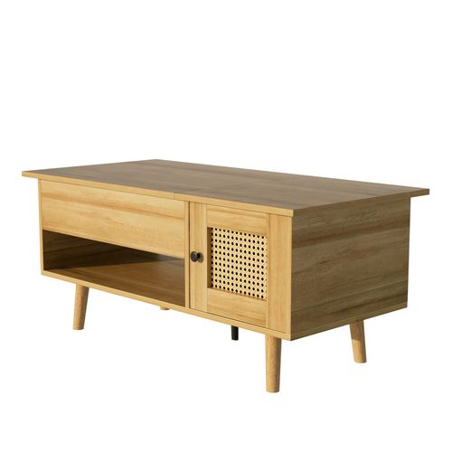 Table Basse Relevable 103x50x46/60cm Espace De Rangement, 2 Portes, Aggloméré, Couleur Bois