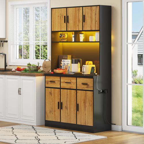 Buffet De Cuisine Haut 100x40x180cm Avec LED, 3 Tiroirs, Prise Électrique, Mdf, Couleur Bois + Noir