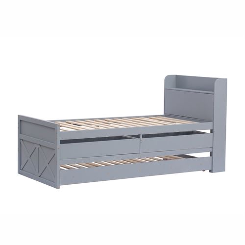 Lit Gigogne 90x190cm, Lit De Rangement Avec Tête De Lit De Rangement, 2 Tiroirs, Bois, Couleur Gris