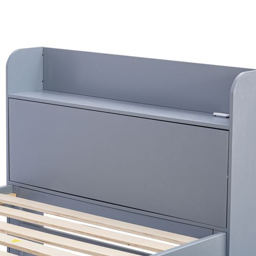 Lit Gigogne 90x190cm, Lit De Rangement Avec Tête De Lit De Rangement, 2 Tiroirs, Bois, Couleur Gris
