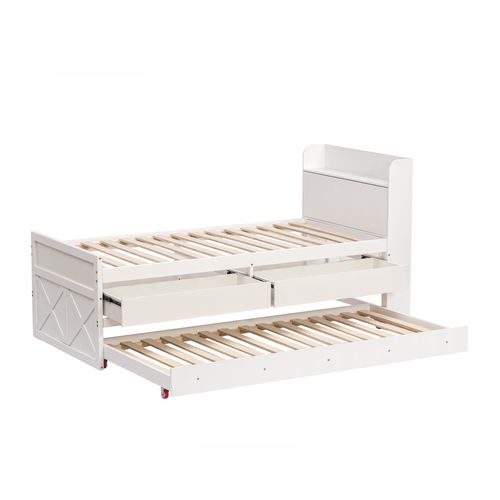 Lit Gigogne 90x190cm, Lit De Rangement Avec Tête De Lit De Rangement, 2 Tiroirs, Bois, Couleur Blanc