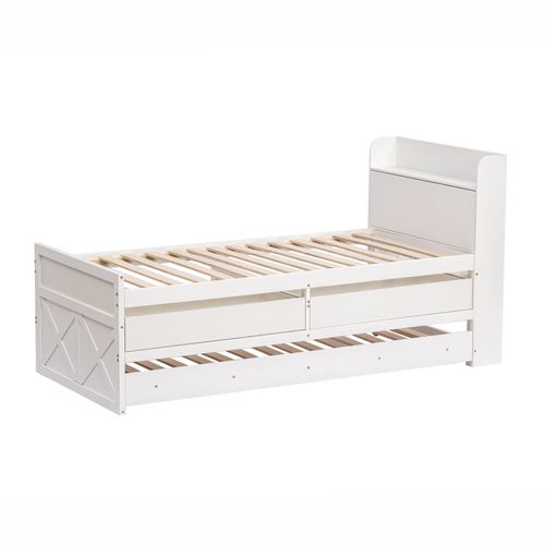 Lit Gigogne 90x190cm, Lit De Rangement Avec Tête De Lit De Rangement, 2 Tiroirs, Bois, Couleur Blanc