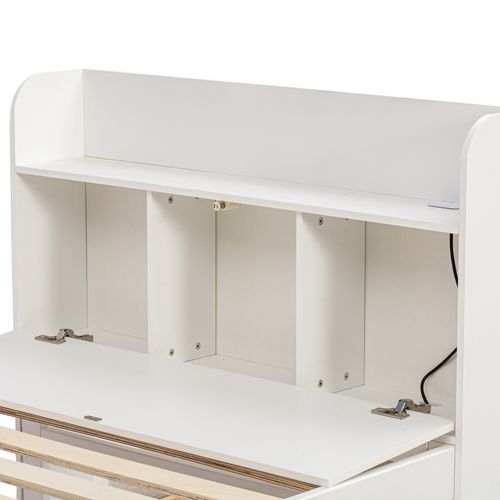 Lit Gigogne 90x190cm, Lit De Rangement Avec Tête De Lit De Rangement, 2 Tiroirs, Bois, Couleur Blanc