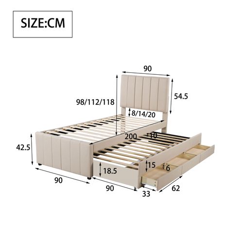 Lit Gigogne Enfant 90x200cm, Lit De Rangement, 3 Tiroirs, Lin+mdf, Couleur Beige