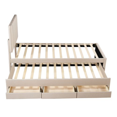 Lit Gigogne Enfant 90x200cm, Lit De Rangement, 3 Tiroirs, Lin+mdf, Couleur Beige