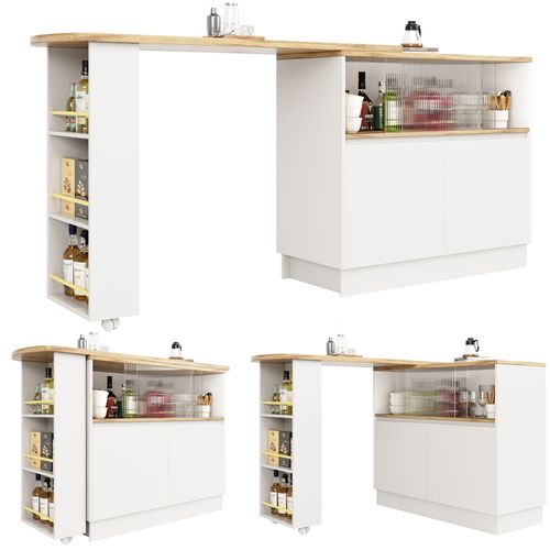 Table De Bar 90x45x100cm, 2 Porte Coulissante En Verre, 2 Portes, Mdf, Couleur Bois+blanc