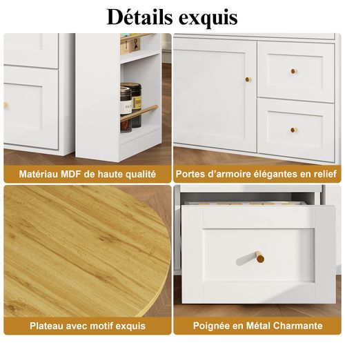 Table De Bar 138x39x105cm, 1 Porte Abattente, 2 Tiroirs, 1 Porte, Mdf+métal, Blanc+bois