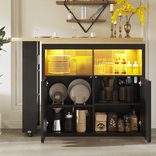 Table De Bar 135x39x100 Cm, 2 Porte Coulissante En Verre, 2 Portes, LED, Mdf+aggloméré, Noir+bois