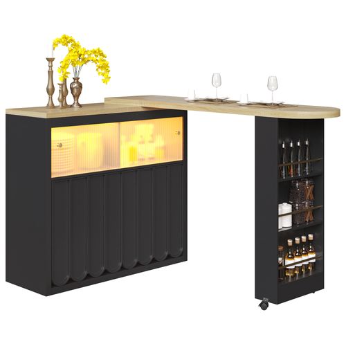 Table De Bar 135x39x100 Cm, 2 Porte Coulissante En Verre, 2 Portes, LED, Mdf+aggloméré, Noir+bois