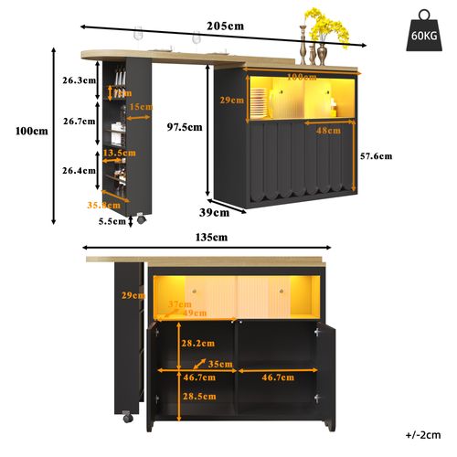 Table De Bar 135x39x100 Cm, 2 Porte Coulissante En Verre, 2 Portes, LED, Mdf+aggloméré, Noir+bois